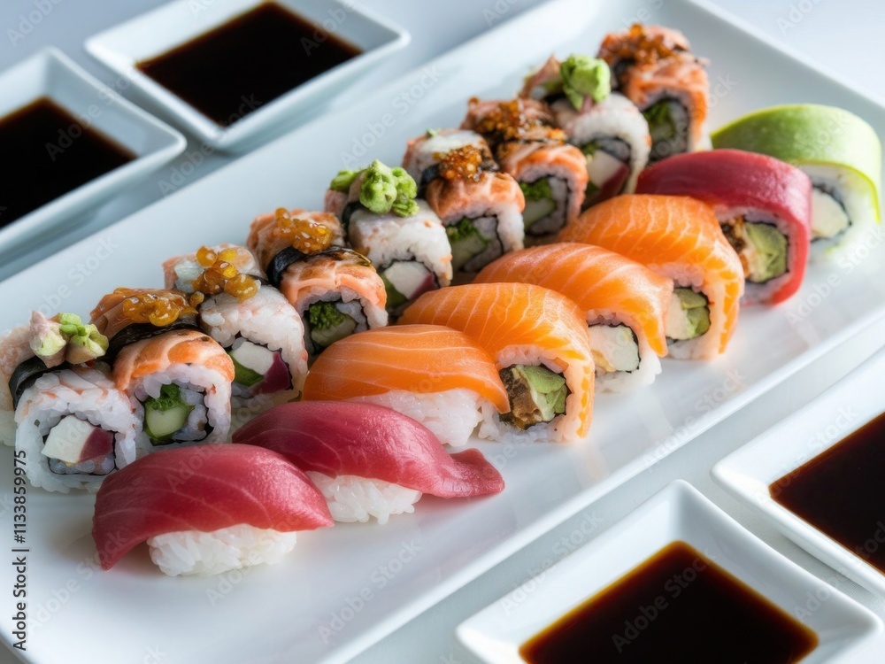 Delicious Sushi Platter with Nigiri, Rolls, and Wasabi Served with Soy Sauce Delicious Sushi Platter with Nigiri, Rolls, and Wasabi Served with Soy Sauce