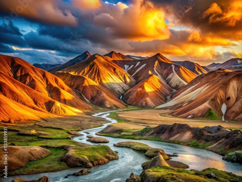 Landmannalaugar sunset: A long exposure captures Iceland's vibrant volcanic panorama.