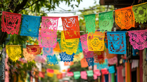 Colorful papel picado decorations celebrate Mexican Independence Day in a vibrant street