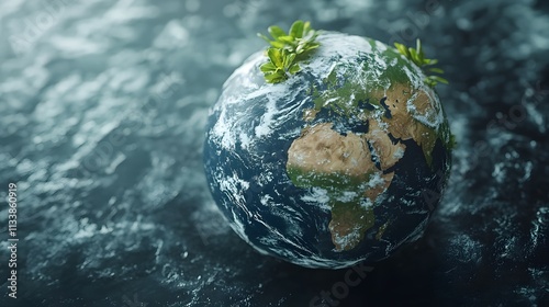 Small globe with tiny plants on a dark surface, representing environmental fragility.