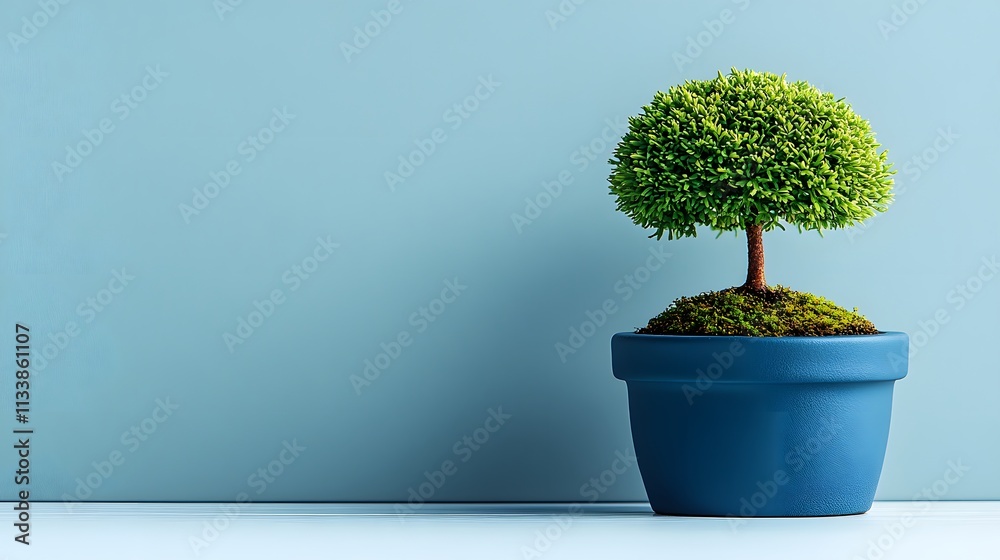 Small green tree in blue pot against light blue wall. Small green tree in blue pot against light blue wall.