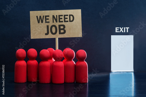 Obraz na płótnie Wooden figures of people holding poster cardboard with Need Job jobless message sign
