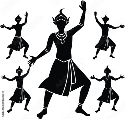 Silhouette of Traditional Thai Dancer: Vector Illustration of Cultural Dance Performance, Asian Art, Black and White Design