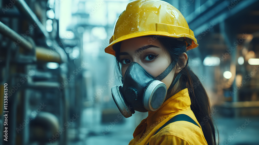 A woman adorned in a vibrant yellow helmet and protective gas mask stands confidently in a hazardous work environment. Her sturdy attire hints at the dangerous nature of her surroundings. A woman adorned in a vibrant yellow helmet and protective gas mask stands confidently in a hazardous work environment. Her sturdy attire hints at the dangerous nature of her surroundings.