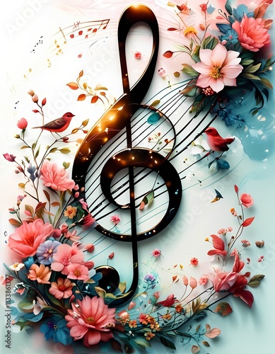 A large treble clef is adorned with a vibrant bouquet of flowers and a cheerful bird. The image evokes a sense of harmony and beauty, blending the world of music and nature. Generative AI