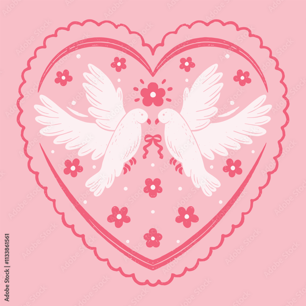 Two doves surrounded by a heart and floral decorations, symbolizing peace and love, perfect for Valentine themes. Two doves surrounded by a heart and floral decorations, symbolizing peace and love, perfect for Valentine themes.