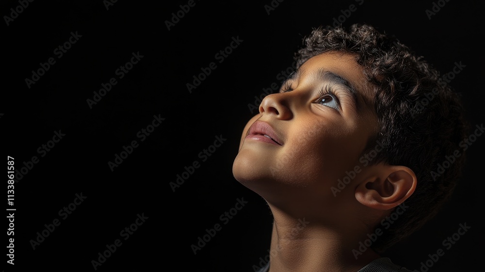 A Young Boy Gazing Upwards Hopeful Dreamy Portrait Photography Studio Lighting A Young Boy Gazing Upwards Hopeful Dreamy Portrait Photography Studio Lighting