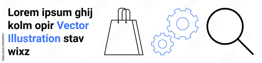 Shopping bag, gears, magnifying glass, and placeholder text. Ideal for e-commerce, business strategy, search optimization, technology concepts, marketing website design and innovation themes Shopping bag, gears, magnifying glass, and placeholder text. Ideal for e-commerce, business strategy, search optimization, technology concepts, marketing website design and innovation themes