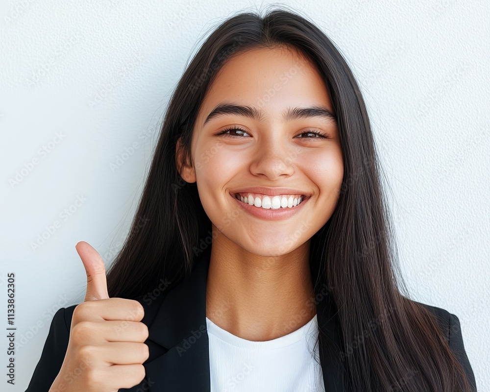 Young Woman Giving Thumbs Up with Bright Smile Against Wall Young Woman Giving Thumbs Up with Bright Smile Against Wall