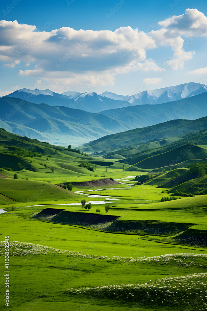 Majestic Azerbaijani Landscape: Panoramic View of Green Hills and Snow-capped Mountains