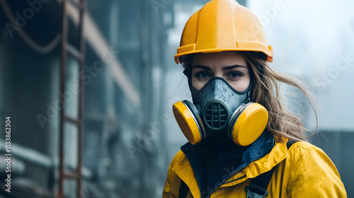 A woman adorned in a vibrant yellow helmet and protective gas mask stands confidently in a hazardous work environment. Her sturdy attire hints at the dangerous nature of her surroundings.