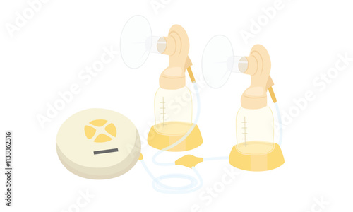 Breast pump vector including pumping motor, tubing, and bottles. Equipment for breastfeeding, flat vector in cartoon style. Healthcare, parenting, baby or maternity concept.
