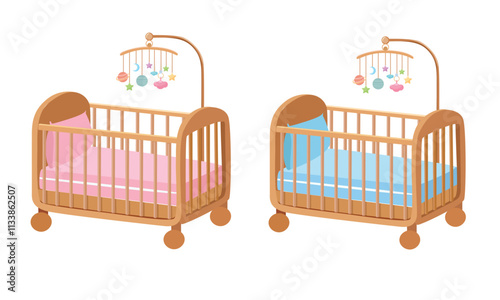 Baby crib vector. Wooden crib clipart with hanging mobile. Baby bedding flat vector in cartoon style isolated on white background.