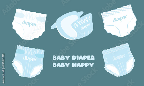 Diaper vector set. Different kinds of baby diaper clipart set. Infant underwear set. Baby shower, baby element flat vector in cartoon style isolated on white background.
