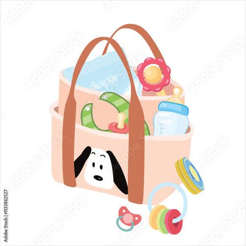 Diaper bag vector. Mom accessories set, nursery, daily mother bag to go outside. Mommy nappy bag. Baby element. baby shower clipart. Flat vector  in cartoon style isolated on white background.