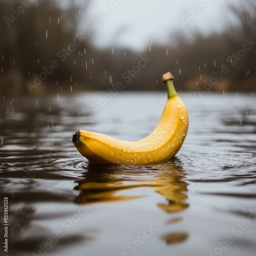 Ripe yellow banana floats on dark river water during rainfall. photo