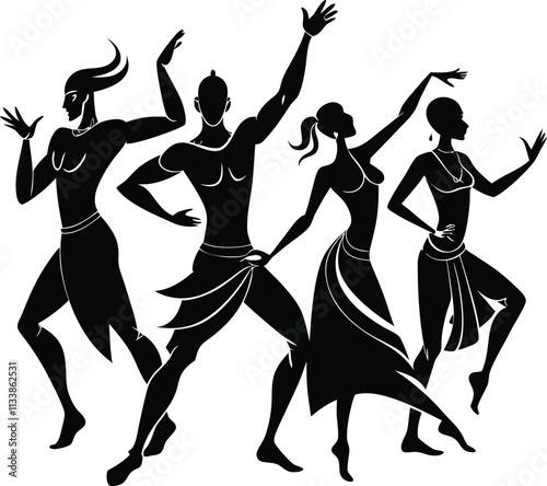 Silhouette Art of African Dancers: Tribal Dance Illustration, Vector Graphic of People Dancing in Traditional Dress, Cultural Celebration