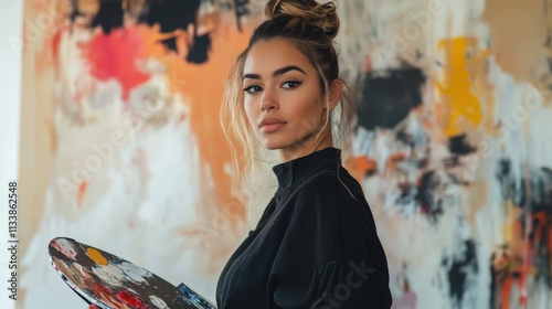 An elegant female artist, dressed in a chic black outfit, standing in front of an abstract painting, holding a palette. She has striking features and a confident yet serene look. photo