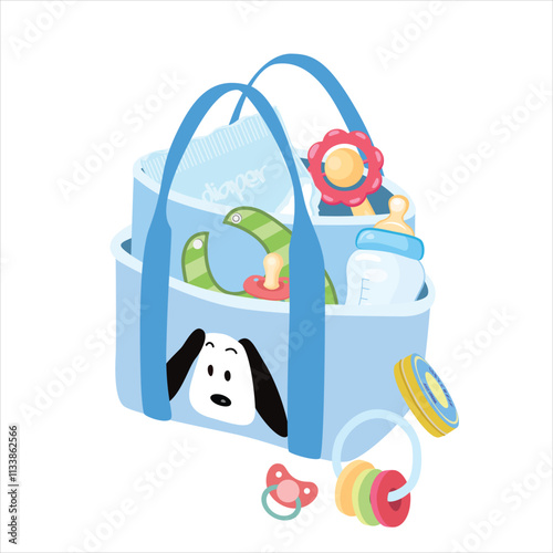 Diaper bag vector. Mom accessories set, nursery, daily mother bag to go outside. Mommy nappy bag. Baby element. baby shower clipart. Flat vector  in cartoon style isolated on white background.