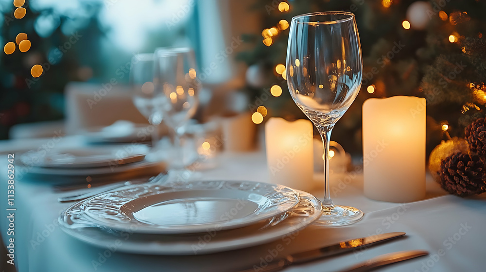 Elegant dining setup with candles and festive decorations for a holiday gathering. Elegant dining setup with candles and festive decorations for a holiday gathering.