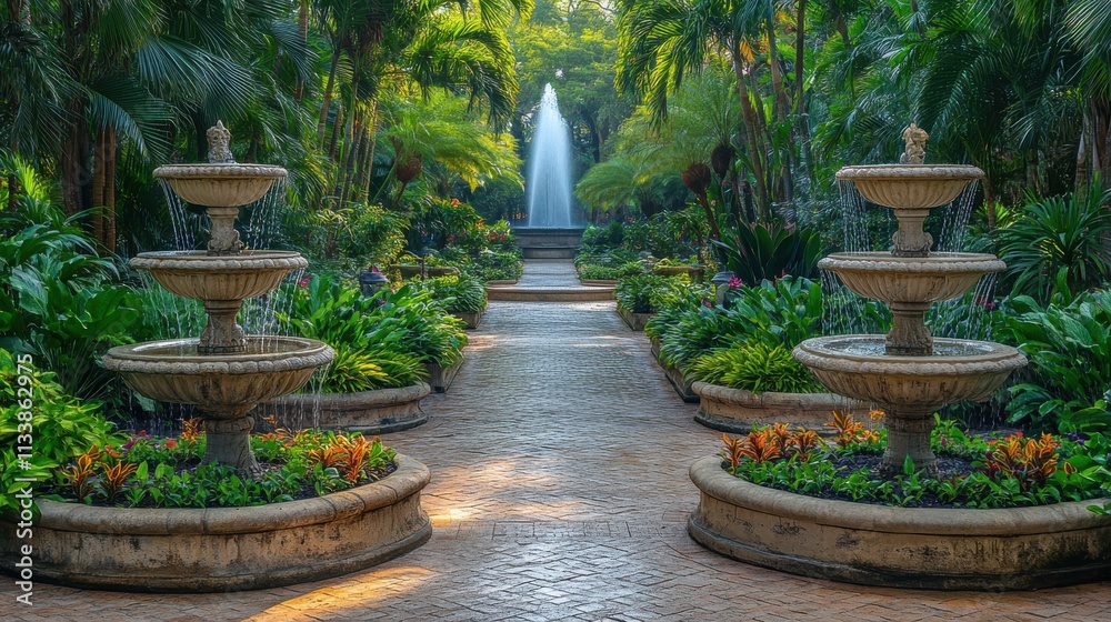 A serene garden featuring fountains, lush greenery, and vibrant flowers, inviting relaxation. A serene garden featuring fountains, lush greenery, and vibrant flowers, inviting relaxation.
