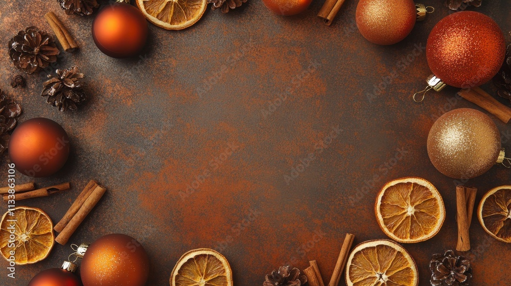 Rustic Christmas Border with Ornaments, Spices, and Dried Oranges Rustic Christmas Border with Ornaments, Spices, and Dried Oranges