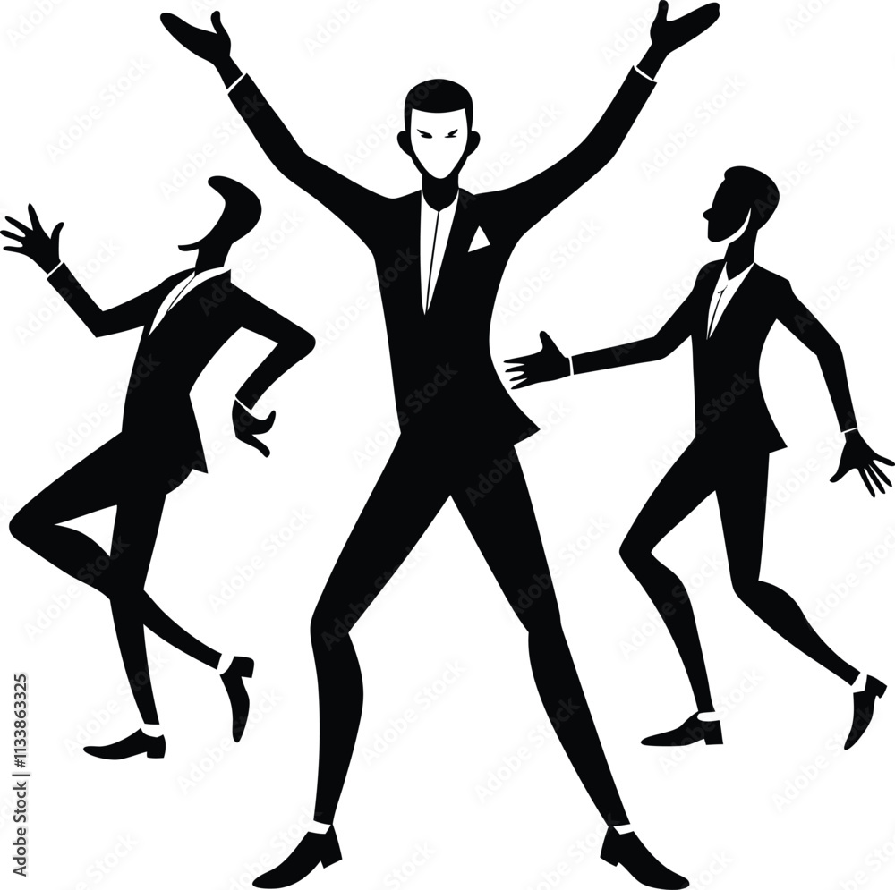 Silhouette of Men in Suits Dancing: Retro Style Illustration of Businessmen Celebrating Success, Vector Graphic Art Silhouette of Men in Suits Dancing: Retro Style Illustration of Businessmen Celebrating Success, Vector Graphic Art