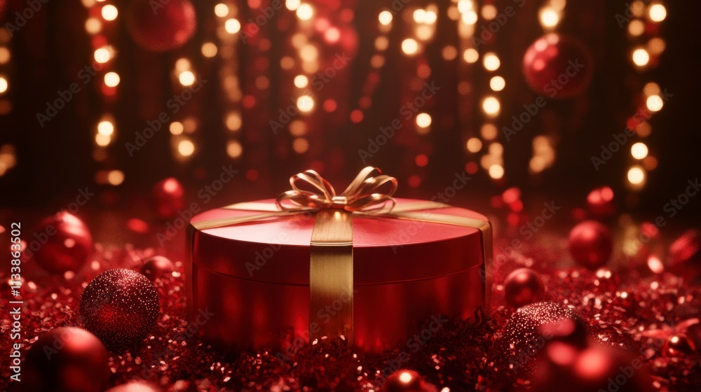 Red Gift Box on Festive Glitter Background - Christmas Present Red Gift Box on Festive Glitter Background - Christmas Present