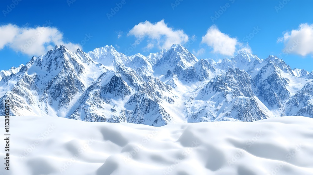 Snow-covered mountain range under a bright blue sky. Snow-covered mountain range under a bright blue sky.