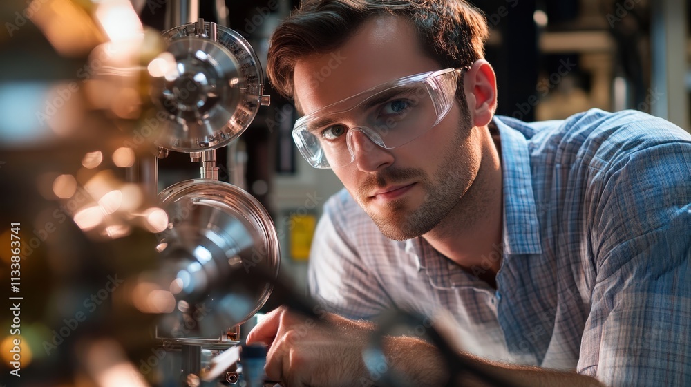 A handsome male engineer, dressed in a crisp button-up shirt and safety glasses, inspecting a complex machine in a high-tech laboratory. He looks thoughtful and engaged in the project at hand. A handsome male engineer, dressed in a crisp button-up shirt and safety glasses, inspecting a complex machine in a high-tech laboratory. He looks thoughtful and engaged in the project at hand.