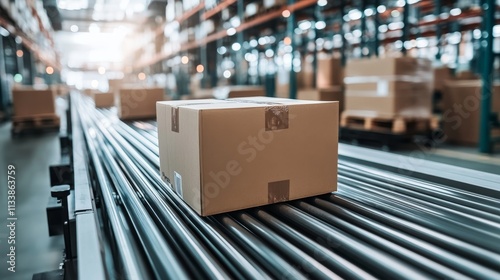 Cardboard Box on Automated Conveyor Belt in Distribution Warehouse, E-commerce and Logistics Concept