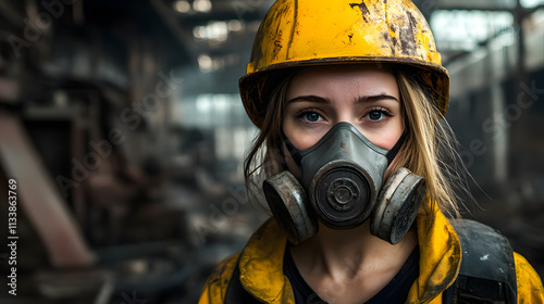 A woman adorned in a vibrant yellow helmet and protective gas mask stands confidently in a hazardous work environment. Her sturdy attire hints at the dangerous nature of her surroundings. photo