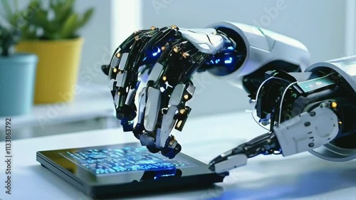 A robotic hand hovers over a circuit board on a glass table. The background shows screens displaying what appears to be production data, in a lab setting