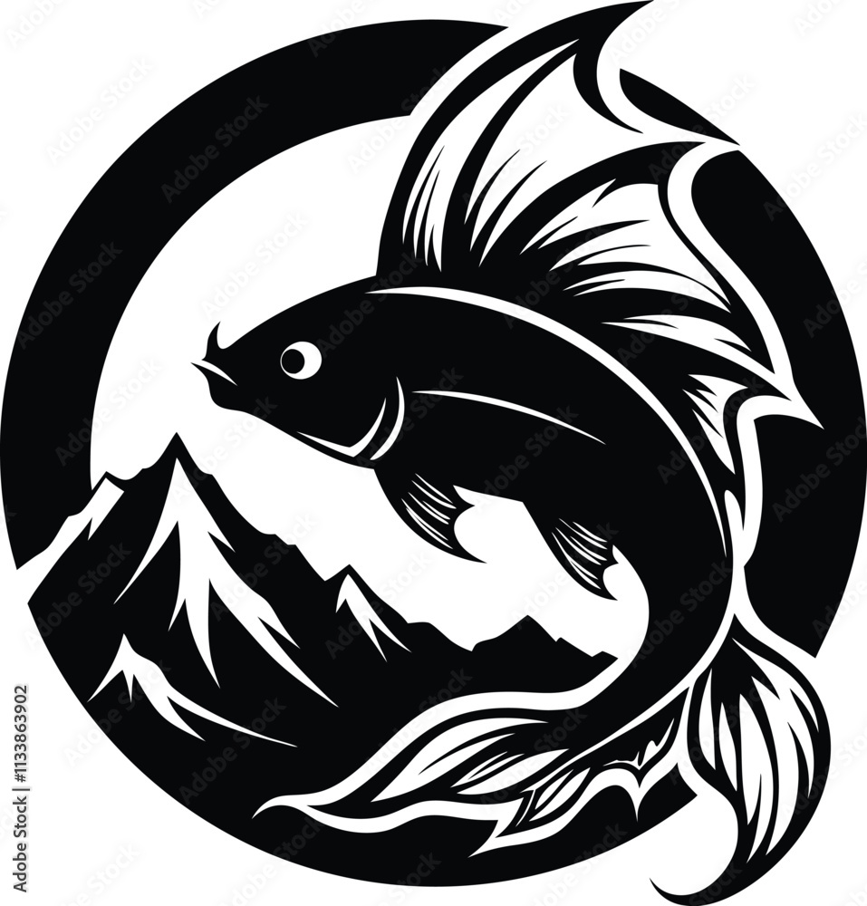 Naklejka premium Black and White Koi Fish Logo Design: Mountain Background, Circular Frame, Elegant Fish Illustration, Vector Art