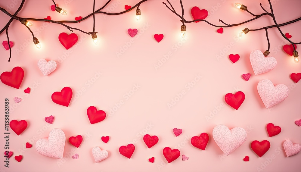 Romantic Valentine's Day arrangement of hearts and string lights on pink background.