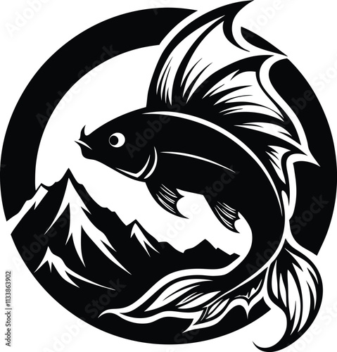 Black and White Koi Fish Logo Design: Mountain Background, Circular Frame, Elegant Fish Illustration, Vector Art