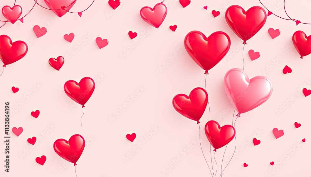 Pink and Red Heart Balloons and Small Hearts on a Pink Background Pink and Red Heart Balloons and Small Hearts on a Pink Background
