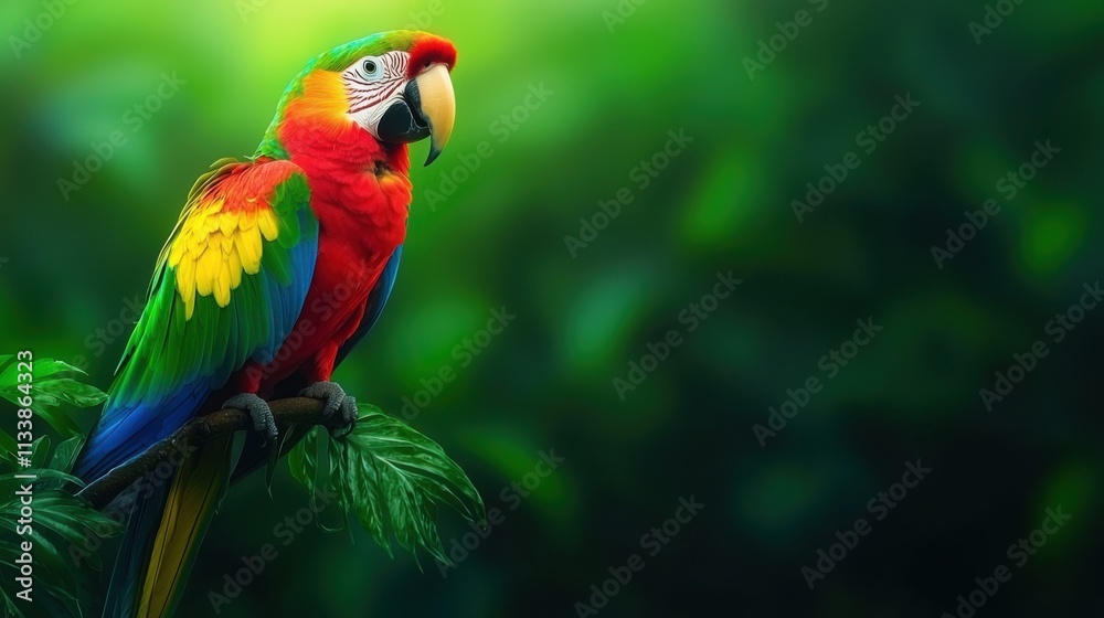 Vibrant Parrot Perched on Leaf Against Lush Green Background Vibrant Parrot Perched on Leaf Against Lush Green Background