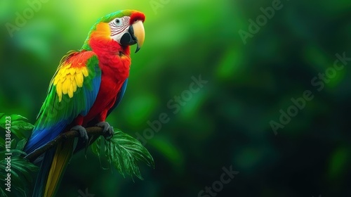 Vibrant Parrot Perched on Leaf Against Lush Green Background