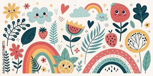 Delightful whimsical collection of cute rainbows, happy fruits, and cheerful flowers, perfect for children's decor