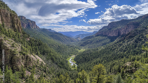 Towering rocky mountains framed by lush green forests and winding river