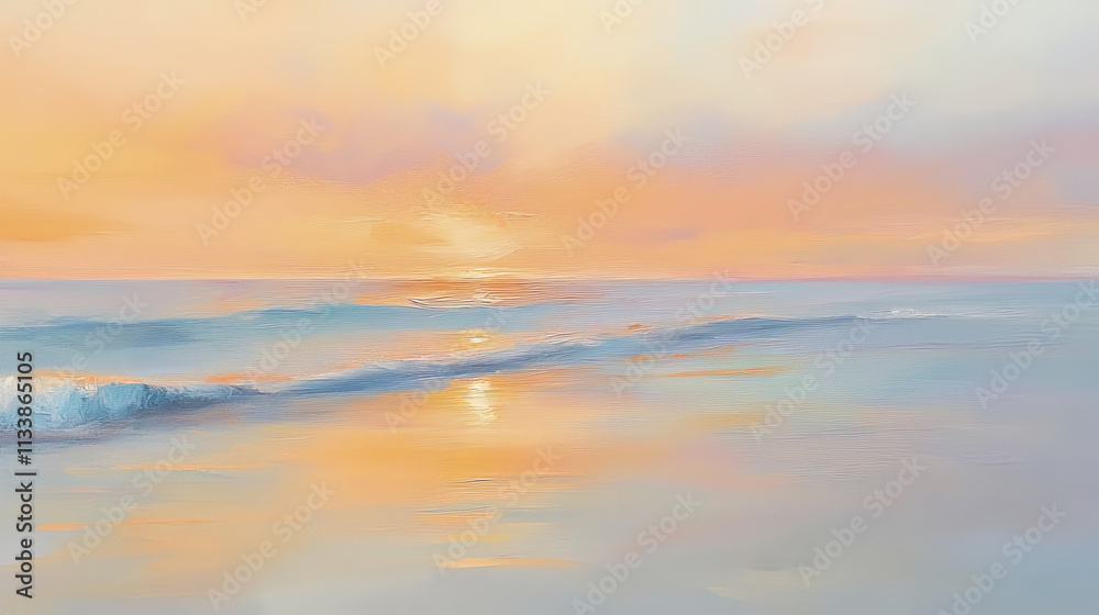 serene sunset over tranquil beach with soft orange and pink hues reflecting on water serene sunset over tranquil beach with soft orange and pink hues reflecting on water