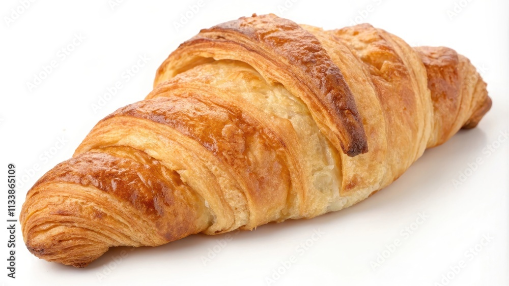 A golden-brown croissant, freshly baked and ready to enjoy, sits on a pristine white background. A golden-brown croissant, freshly baked and ready to enjoy, sits on a pristine white background.