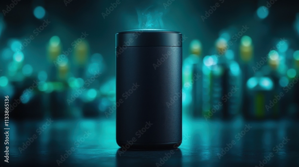 Mysterious Black Container with Smoke and Colorful Bottles Background Mysterious Black Container with Smoke and Colorful Bottles Background