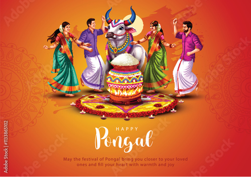 new illustration of Happy Pongal Holiday Harvest Festival of Tamil Nadu family making Pongal. abstract vector background design