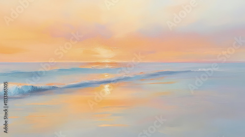 serene sunset over tranquil beach with soft orange and pink hues reflecting on water