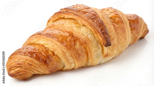 A golden-brown croissant, freshly baked and ready to enjoy, sits on a pristine white background.