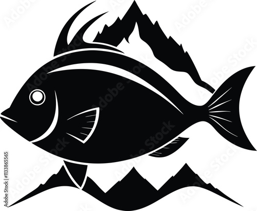Black and White Fish Logo with Mountain Silhouette: Vector Graphic for Fishing, Outdoors, and Nature Brands