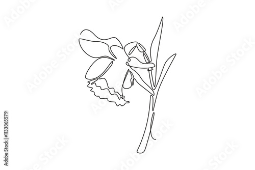 Continuous one line drawing of beauty fresh narcissus for home wall decor art poster print. Printable decorative daffodil flower for card ornament. Single line draw design vector graphic illustration