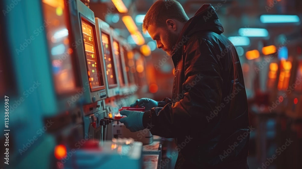Technician working on industrial machinery at night.